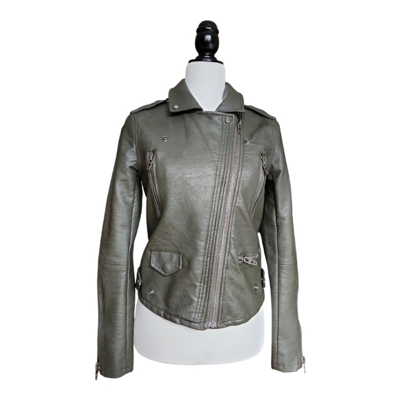 [BLANKNYC] Women's PU Leather Moto Jacket Olive Green - Picture 9 of 15